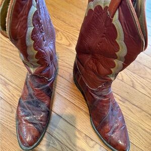 Vintage Tony Lama Red Leather Cowboy Boots with Contrast Stitching